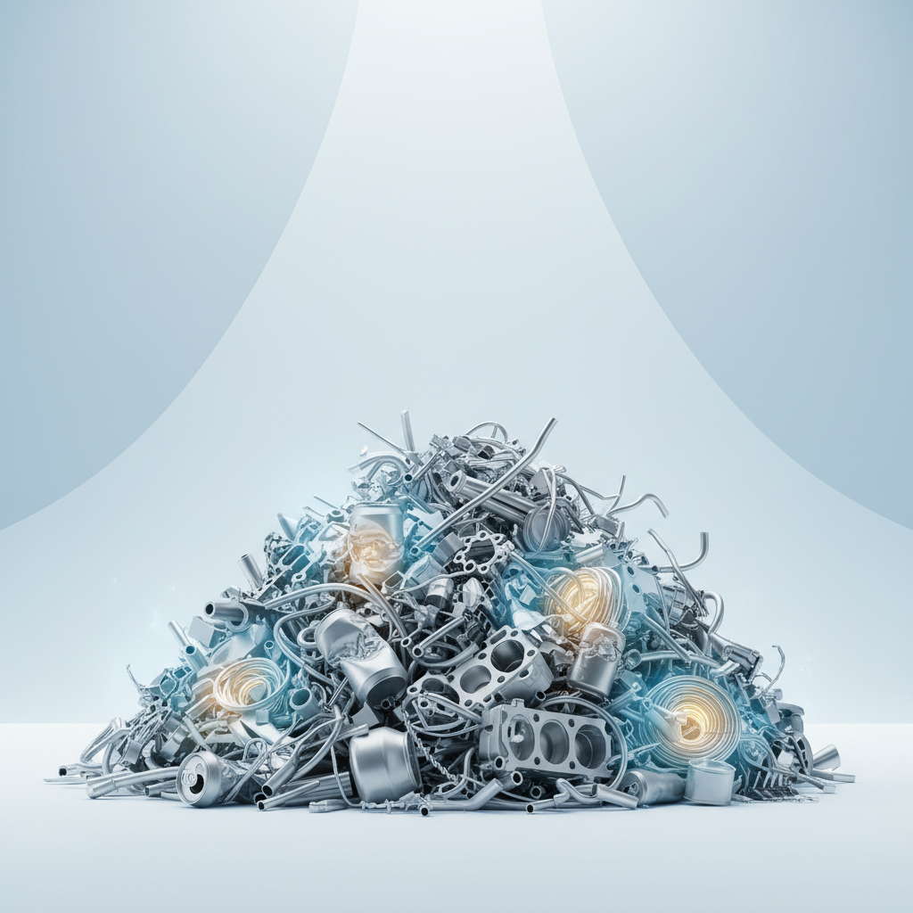 A dynamic, clean infographic showing a large pile of mixed aluminum scrap, with a subtle glow around some pieces hinting at hidden value. The background is a modern, light gradient. Bright, balanced lighting. No visible text. Korean appearance.