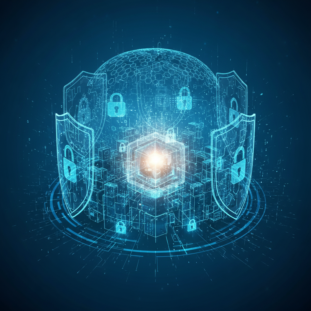 Abstract visualization of encrypted data protection with layered security shields, glowing lock symbols floating in deep blue and cyan gradient space, digital fortress concept, high-tech atmosphere with particle effects, centered secure vault imagery, bright balanced lighting, no text