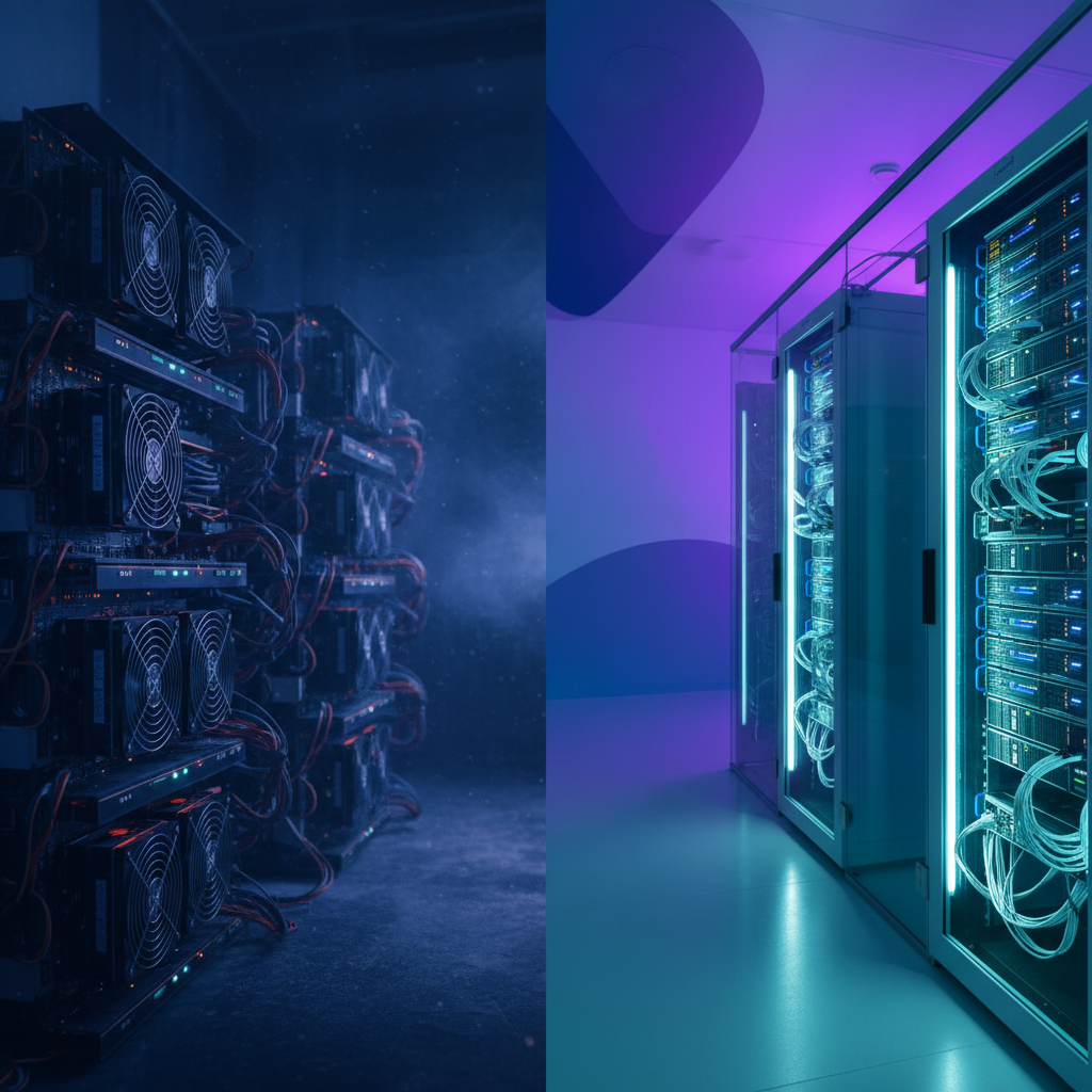 Business transformation concept showing cryptocurrency mining transitioning to AI infrastructure, split scene composition, left side showing crypto mining equipment with dark moody lighting, right side showing modern AI servers with bright clean lighting, professional corporate photography, rich blue and purple gradient background, symbolic representation of business pivot. No visible text in image.
