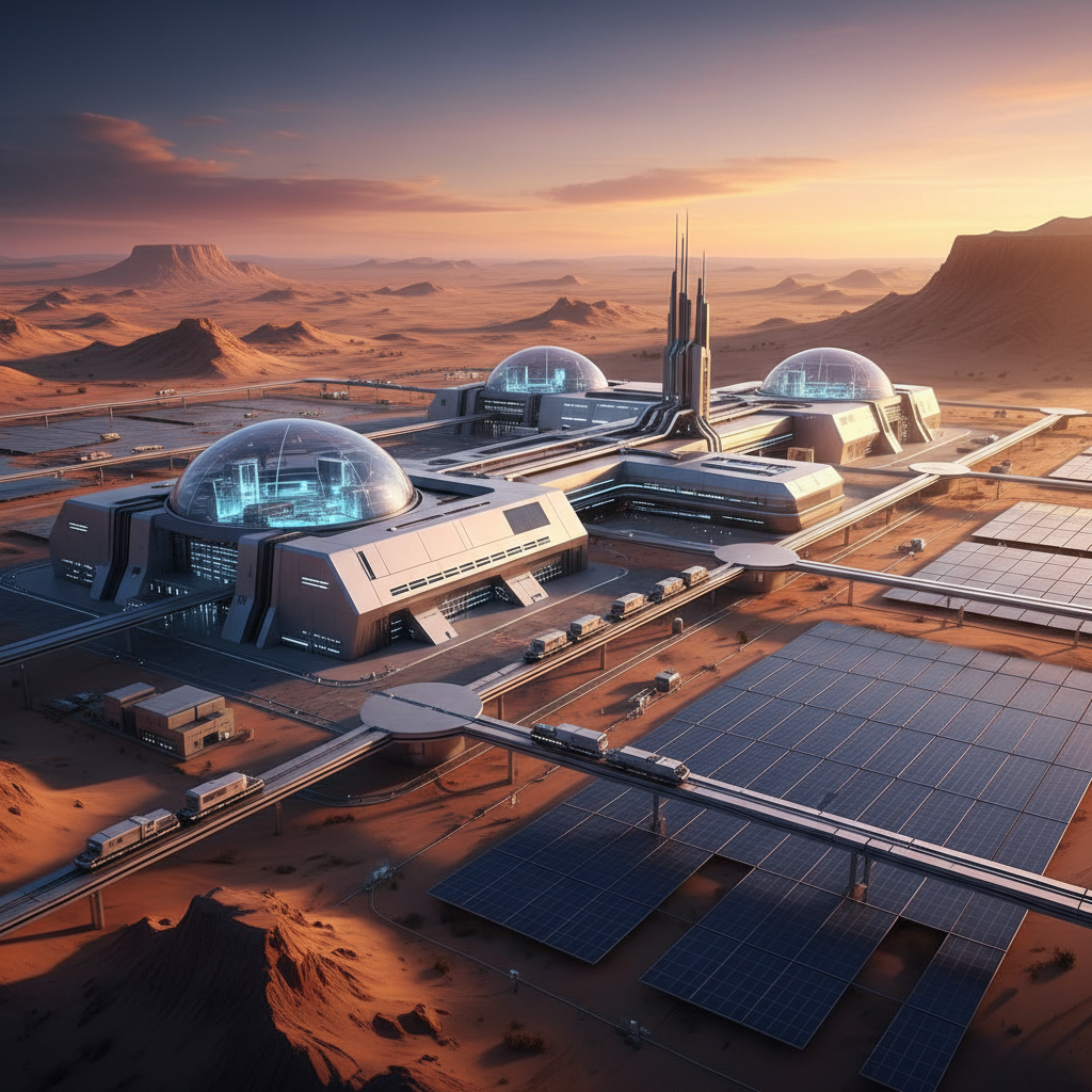 A sprawling, futuristic semiconductor manufacturing facility in the middle of a desert landscape, with sleek, modern architecture. The sky is a gradient of warm desert colors, and advanced infrastructure is visible. Style: modern layout, high contrast. No text.