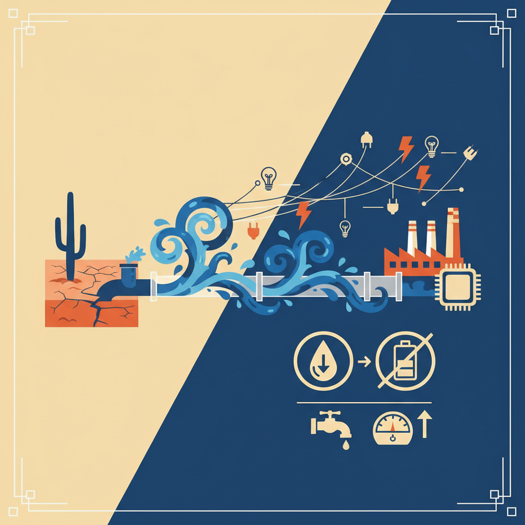 An impactful infographic illustrating the water and power consumption challenges in Arizona due to the semiconductor industry. Show dry desert landscapes, overflowing pipelines, power lines, and symbols of water and electricity usage. Style: clean infographic, modern layout, high contrast. No text.