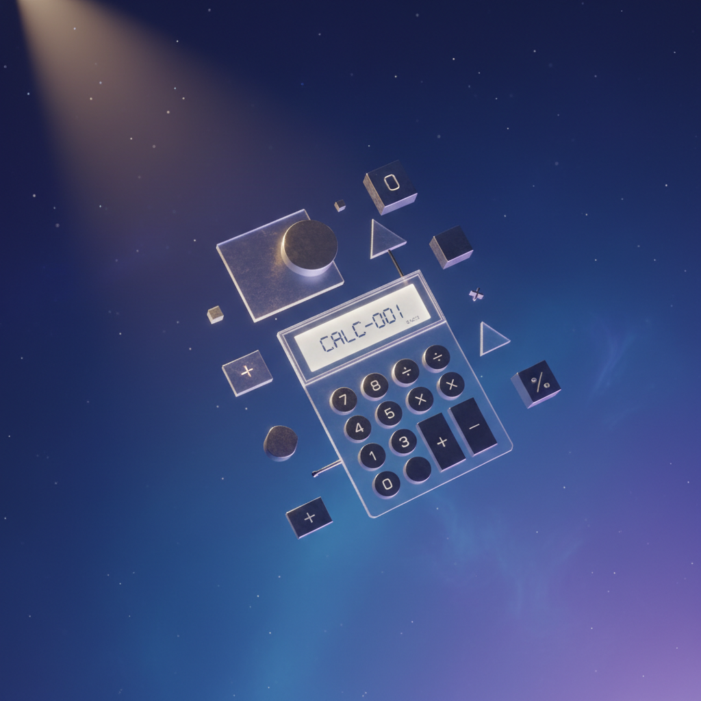 Artistic rendering of minimalist design philosophy, showing geometric calculator elements floating in space, clean lines and simple shapes, warm spotlight illuminating key design elements, deep blue to purple gradient background, professional studio lighting, modern aesthetic meets retro computing