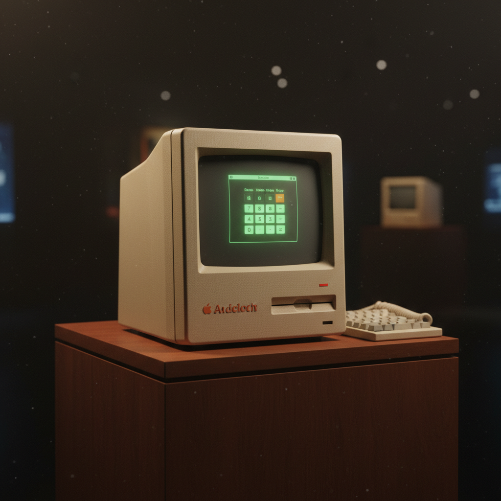 Vintage Macintosh computer from 1984 displaying calculator application on screen, beige computer case with iconic design, warm studio lighting, tech museum quality photo, detailed hardware texture, nostalgic atmosphere, no text