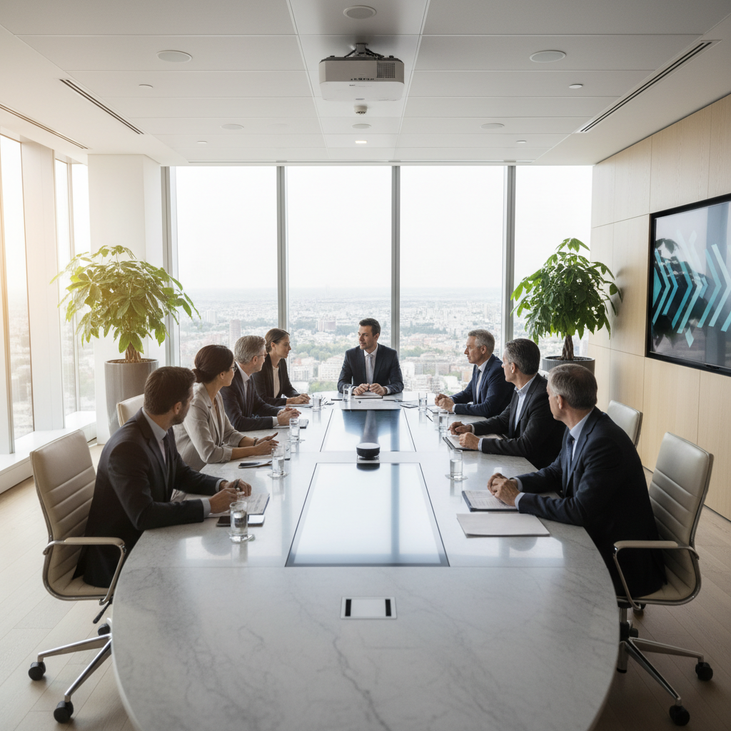Modern corporate meeting room with executives discussing strategy around a large table, sleek minimalist design with floor-to-ceiling windows. Professional business photography with natural daylight, contemporary office interior with gray and white tones, plants and technology visible, no text