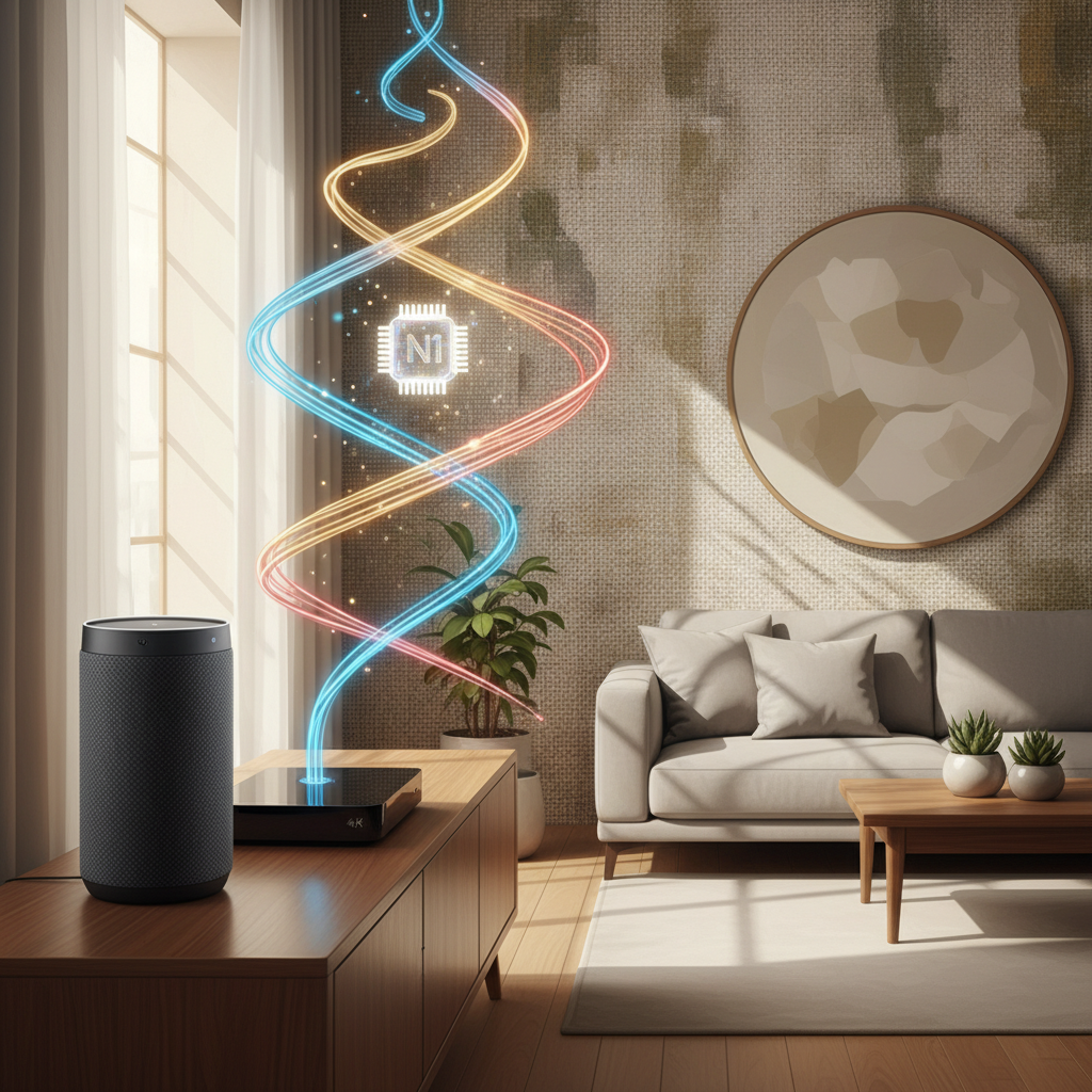 An artistic rendering of a modern living room with an Apple HomePod speaker and an Apple TV streaming box subtly connected by glowing, intertwining lines representing Thread communication, powered by the N1 chip. Warm, natural lighting, a textured background, and a sense of seamless connectivity. No text, illustration style.