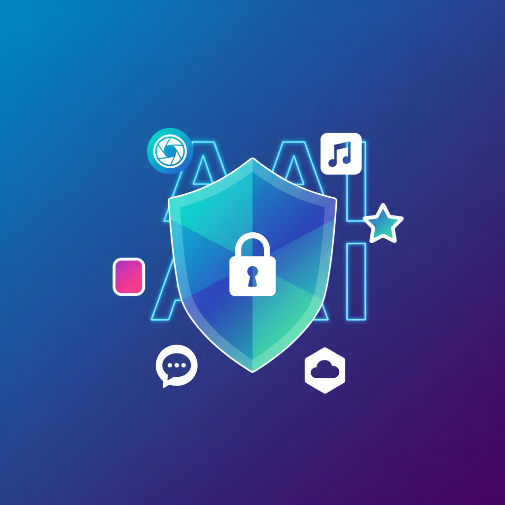 A clean infographic, modern layout, high contrast. A visual representation of updated app review guidelines, with a shield icon symbolizing data privacy and a stylized "AI" in the background, surrounded by various app icons. The background is a gradient of blue and purple, no visible text, centered focus, no empty margins.