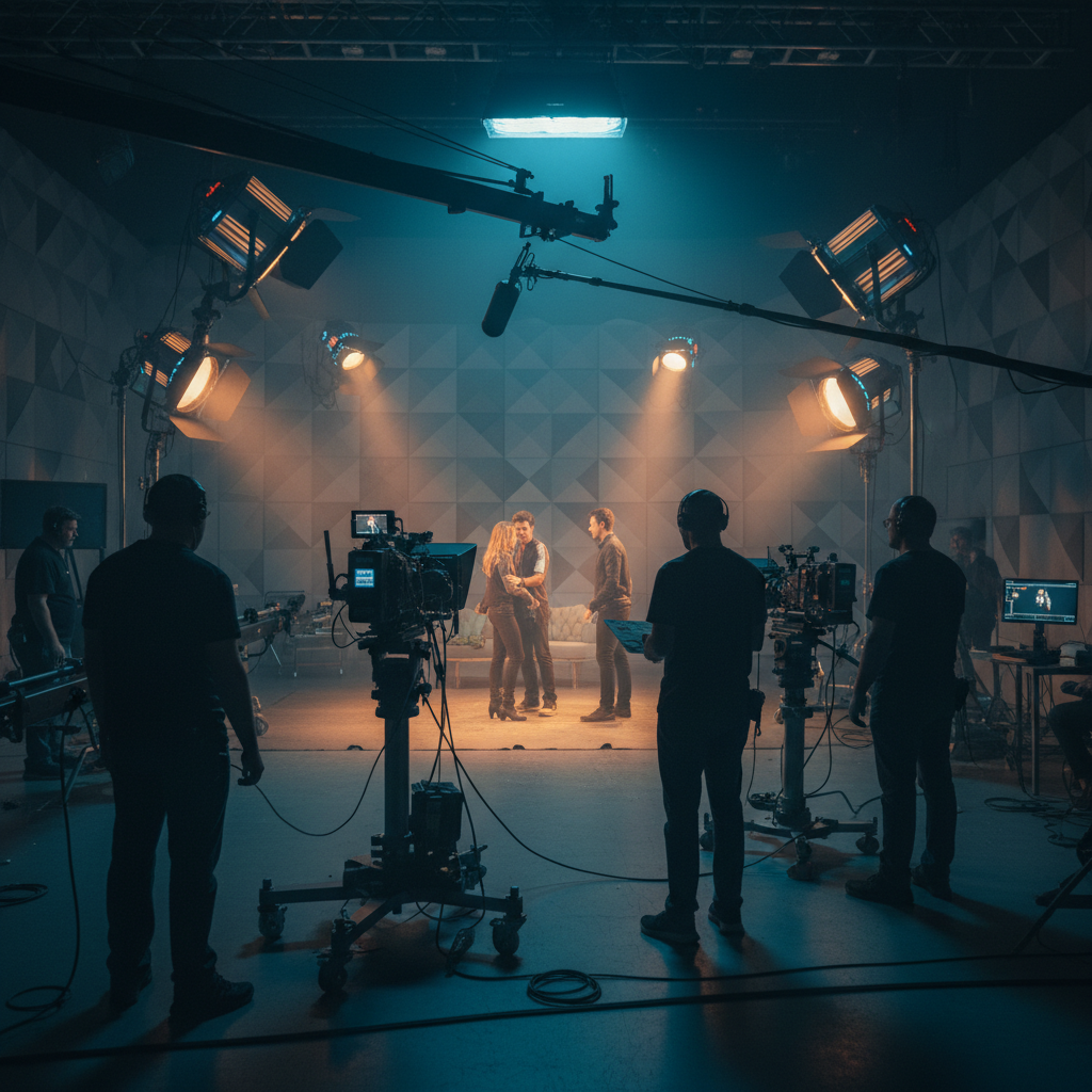 High-end television production set with professional cameras, lighting equipment, and crew members working on a dramatic scene. Cinematic atmosphere with moody blue and amber lighting, behind-the-scenes lifestyle photography, modern studio environment with textured walls, no visible text