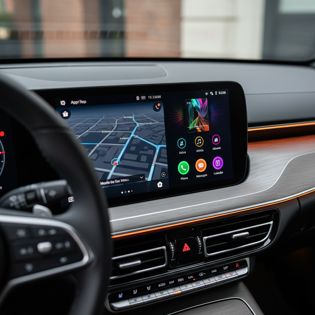 Apple CarPlay interface on car display showing music apps, navigation map, and phone controls, vibrant colorful icons, dark mode interface, realistic car dashboard setting, warm interior lighting, no Korean text