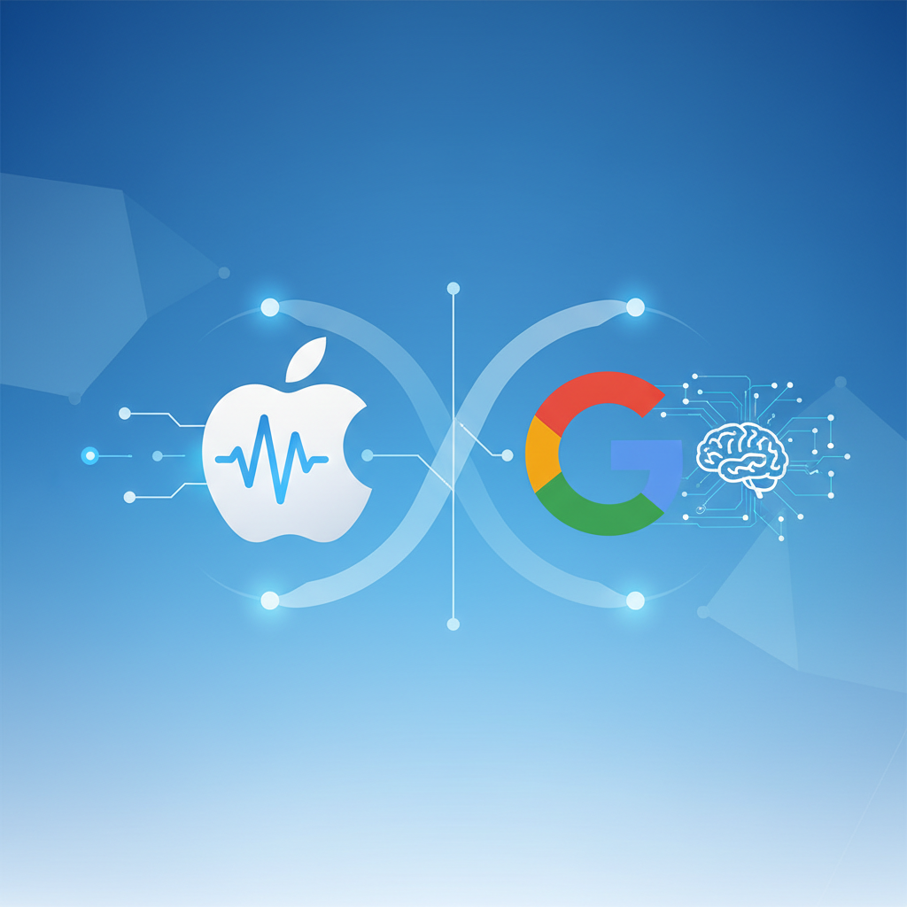 A clean infographic-style illustration showing Apple and Google logos collaborating on AI technology, with visual elements representing Siri assistant and artificial intelligence, modern tech atmosphere with blue and white tones, professional digital art style, no text in image