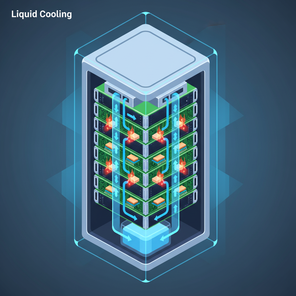 A vivid infographic illustrating the concept of liquid cooling in a server rack, showing coolant flowing through channels to absorb heat from chips. Highlight efficiency and advanced technology. Style: clean infographic. No text.