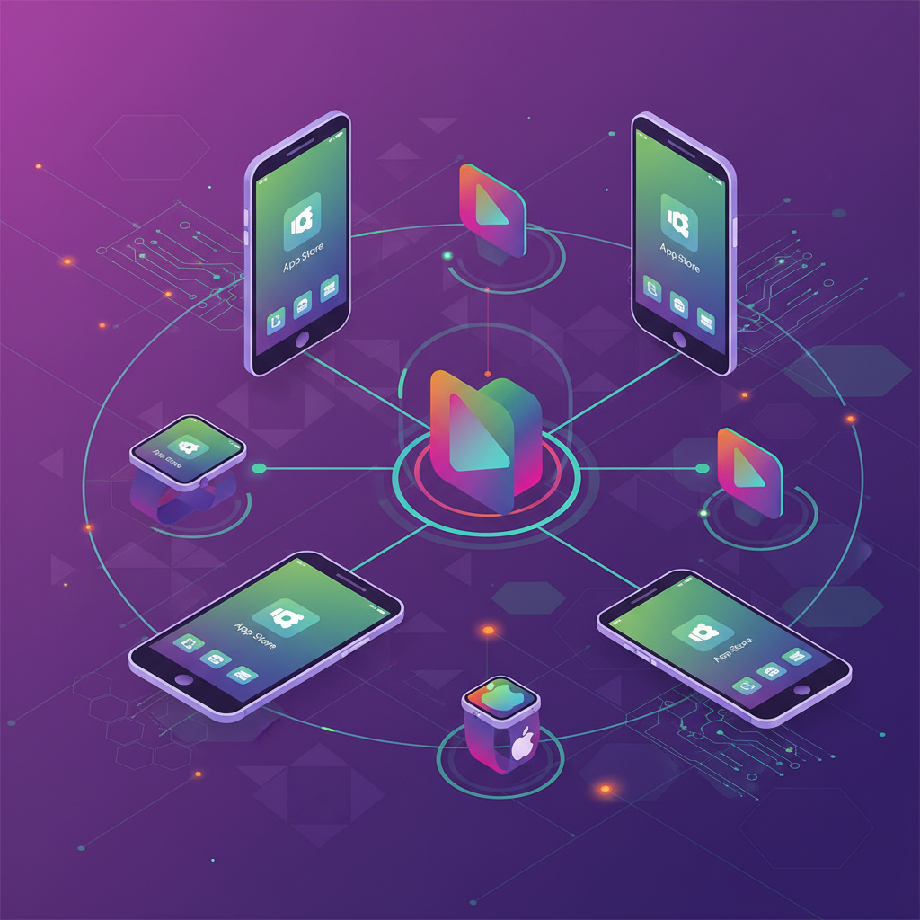 Conceptual illustration of multiple app store icons and mobile devices connected in a network, vibrant colors with purple and green gradients, modern digital ecosystem visualization, isometric perspective, colorful background with geometric patterns, professional infographic style, no text labels