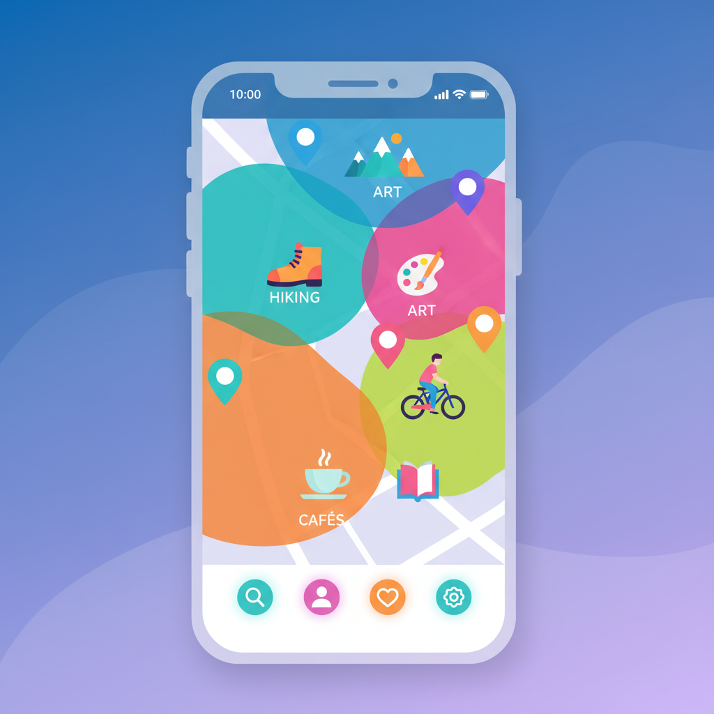 A modern smartphone interface showing a colorful map with location pins and interest-based circles, clean UI design with vibrant icons for hobbies like hiking and art, lifestyle app screenshot style, gradient blue and purple background, no text