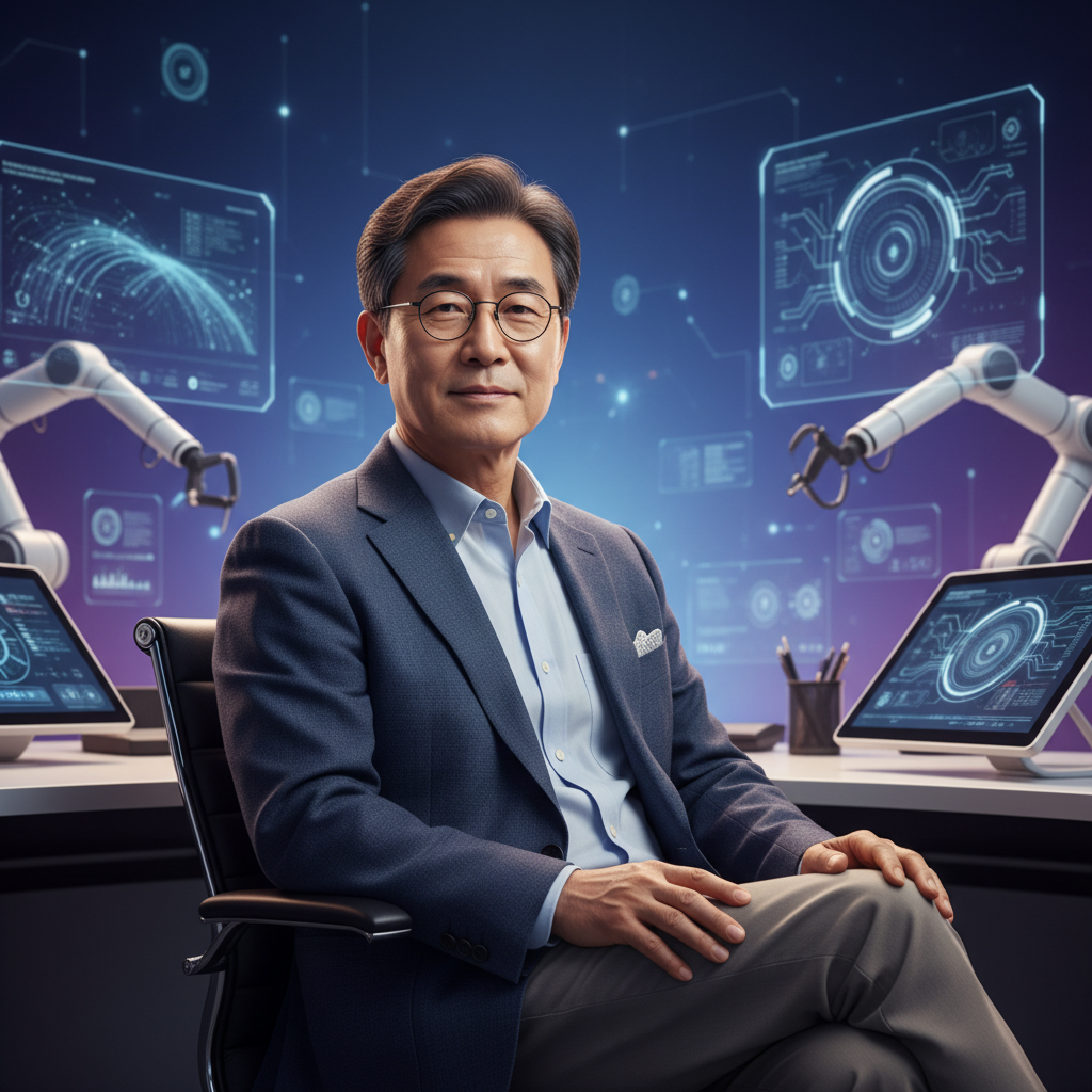Portrait of distinguished AI scientist in modern tech office environment, warm professional lighting, sophisticated atmosphere with futuristic technology elements in background, Korean appearance male in his 60s wearing business casual attire, confident expression, gradient blue to purple background, high-end photography style, no text