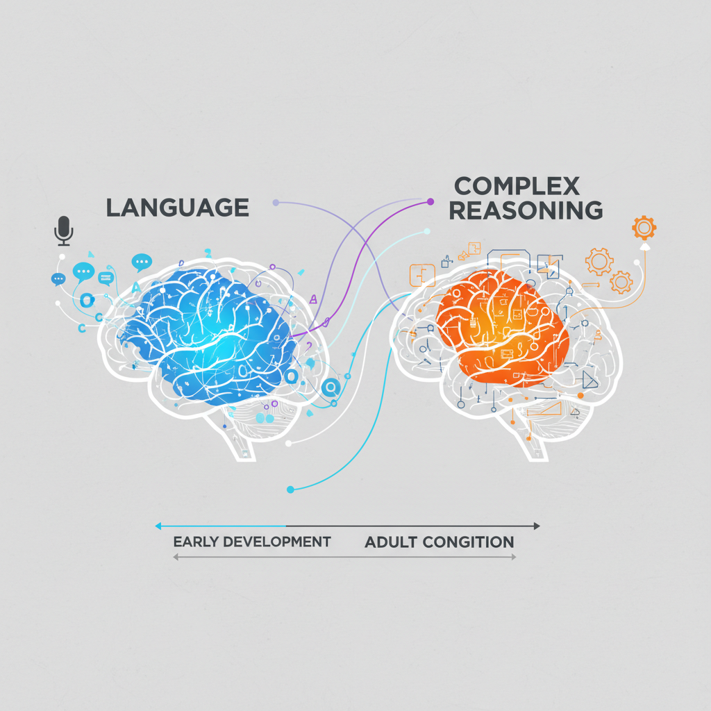 Clean infographic, modern layout, high contrast, illustrating distinct brain activity for language and non-linguistic thought. Show two separate brain regions lighting up, one for language and one for complex reasoning, with abstract connections. Background: textured light gray, no empty margins, centered focus.