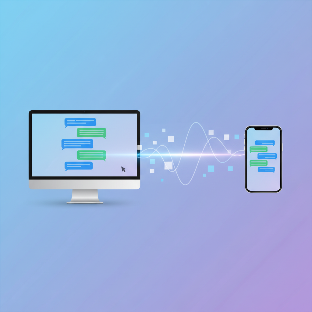 An infographic showing a seamless transition of a group chat conversation from a desktop monitor to a mobile phone screen, highlighting real-time synchronization. Connectivity lines and abstract data flow elements are in the background. Modern layout, clean design, gradient background. No visible people, focus on devices. No text.