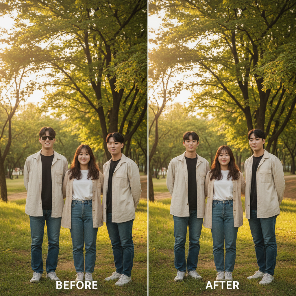 Before and after comparison of group photo editing, three Korean people in casual outdoor setting, showing individual facial adjustments like removing sunglasses and opening eyes, natural park background with green trees, warm afternoon lighting, realistic photography style, vibrant colors, no text