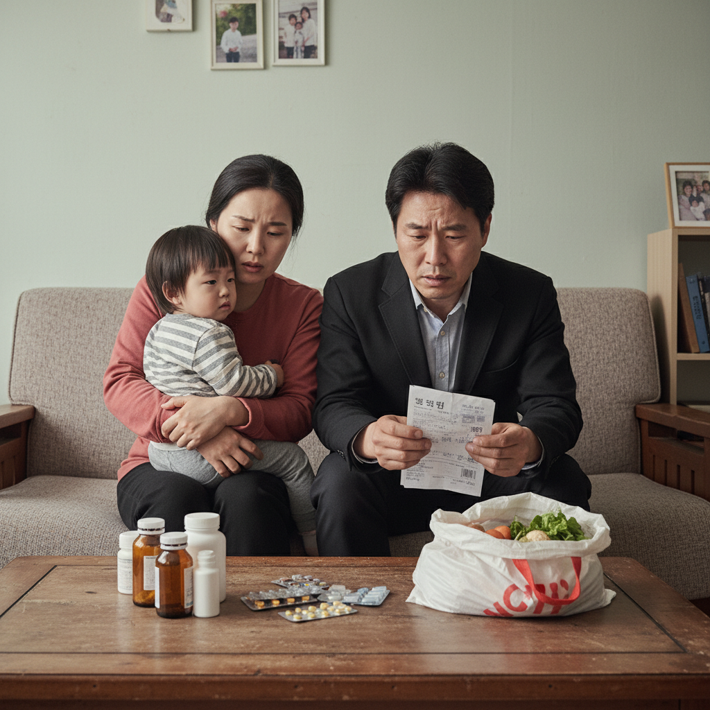 A realistic image of a Korean family (mother, father, child) in a modestly furnished living room, looking concerned. On a table, there are medicine bottles and a few groceries, juxtaposed with an electricity bill. Soft, natural lighting. Lifestyle photography, no text.