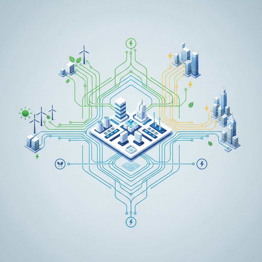A stylized, clean infographic of a data center complex with energy flow lines connecting to nearby city power grids and renewable energy sources. Emphasize complex but balanced energy distribution. Modern layout with a textured background, no text.