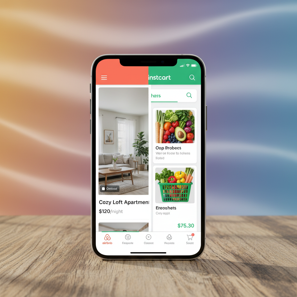 Modern smartphone screen displaying Airbnb and Instacart app interfaces side by side on a wooden table, with colorful gradient background, soft natural lighting, lifestyle photography style, high quality digital rendering, no text visible