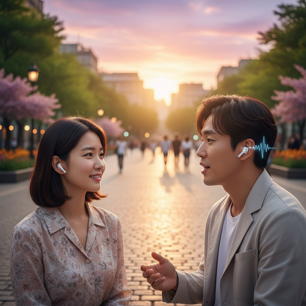 Two people of Korean appearance, one wearing AirPods, having a conversation in a vibrant public space. One person is speaking, and the other is listening through AirPods, with a subtle visual cue suggesting real-time translation. Natural setting, warm lighting, gradient background. No visible text.