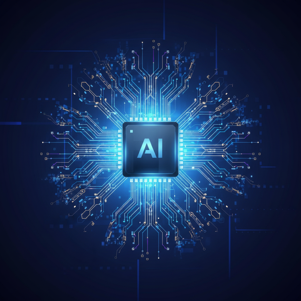 Clean infographic showing a powerful AI chip at the center, surrounded by interconnected data streams and a subtle glowing effect. Modern layout, high contrast. Colored background, no text.