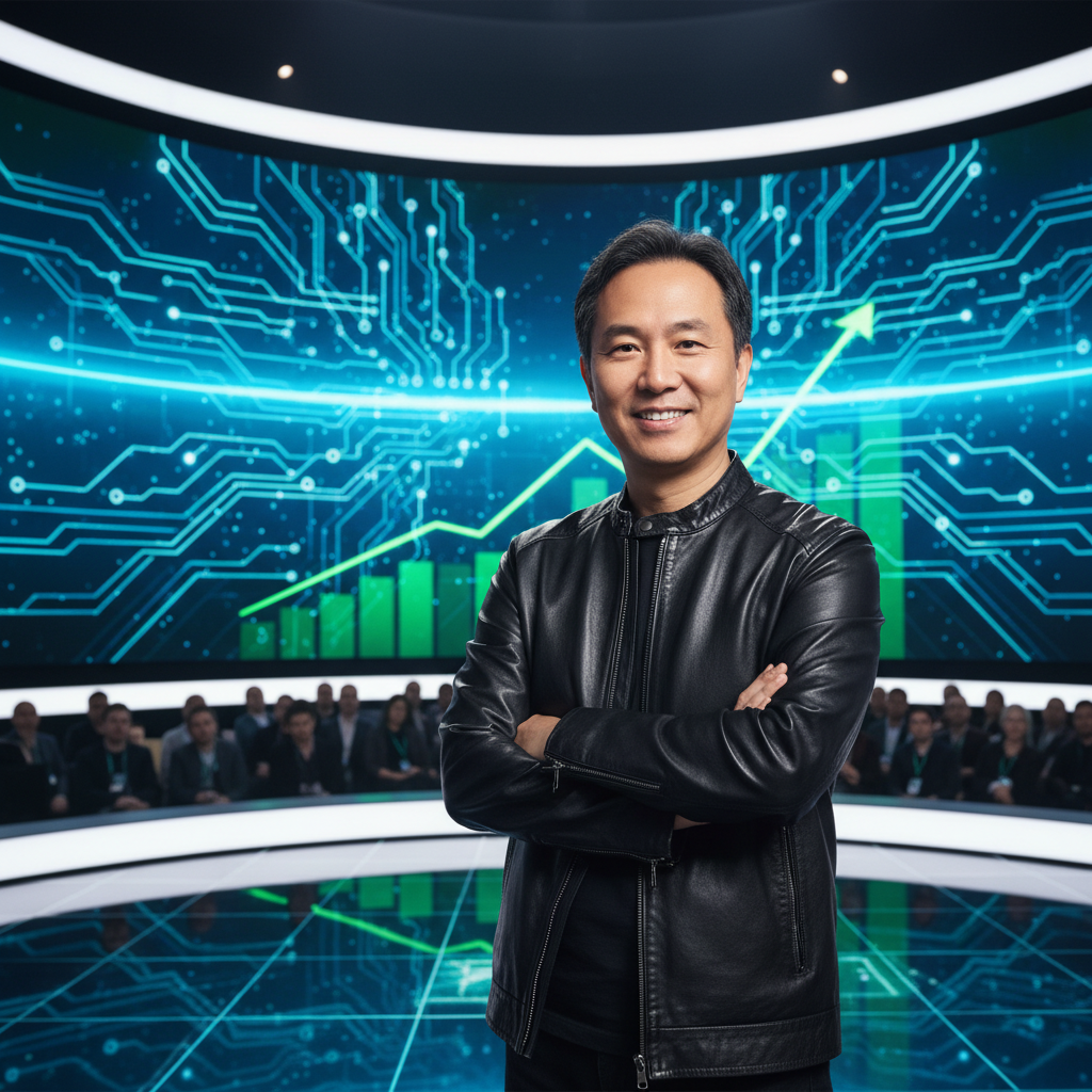 A portrait of Nvidia CEO Jensen Huang, perhaps on stage or in a professional setting, exuding confidence and innovation. The image should subtly convey the themes of AI technology and market leadership. Realistic, bright lighting, dynamic background, no visible text.