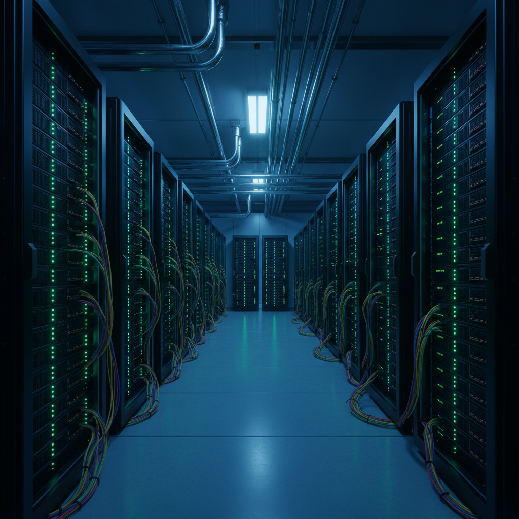 High-tech datacenter interior with rows of powerful GPU servers, green indicator lights, cables and cooling systems, dark blue atmospheric lighting, futuristic technology environment, realistic photography style, no text, detailed hardware components visible