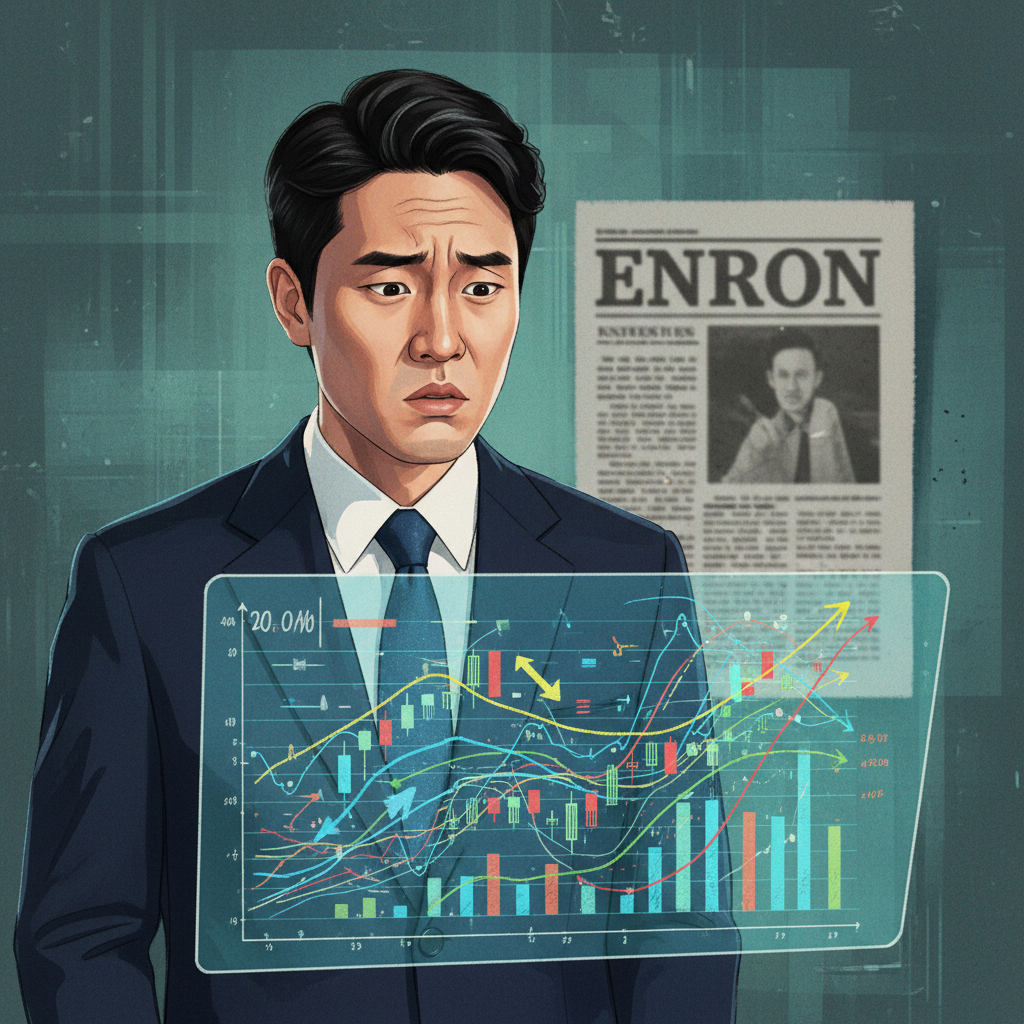 A confused Korean business person looking at a complex financial chart, with a subtle 'Enron' newspaper headline in the background (no visible text, just a visual cue for news). The person has a questioning expression. Style: professional illustration, vibrant colors. Textured background. Centered focus.