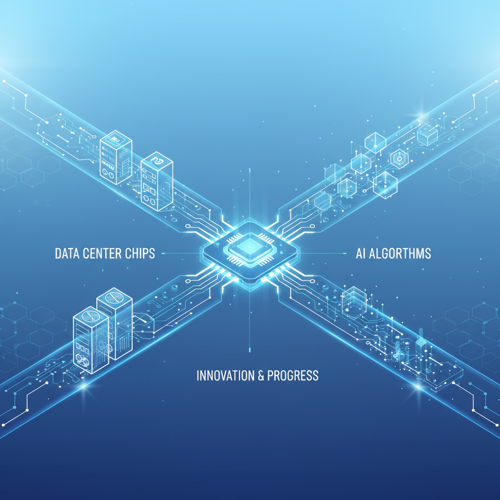 Clean infographic showing Nvidia's role in the AI era, with data center chips and AI algorithms flowing into a central processing unit. The background is a blue-gradient, showing advanced technology concepts. No visible text, clean modern layout.