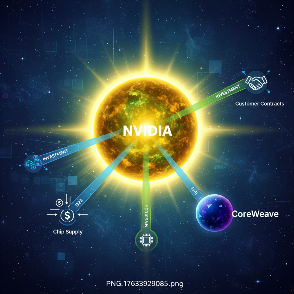 clean infographic, modern layout, high contrast. A visual metaphor showing Nvidia as a large, central sun with CoreWeave as a planet orbiting it, connected by multiple strong beams representing investment, customer contracts, and chip supply. The background is a cosmic scene with subtle data patterns. No visible text.