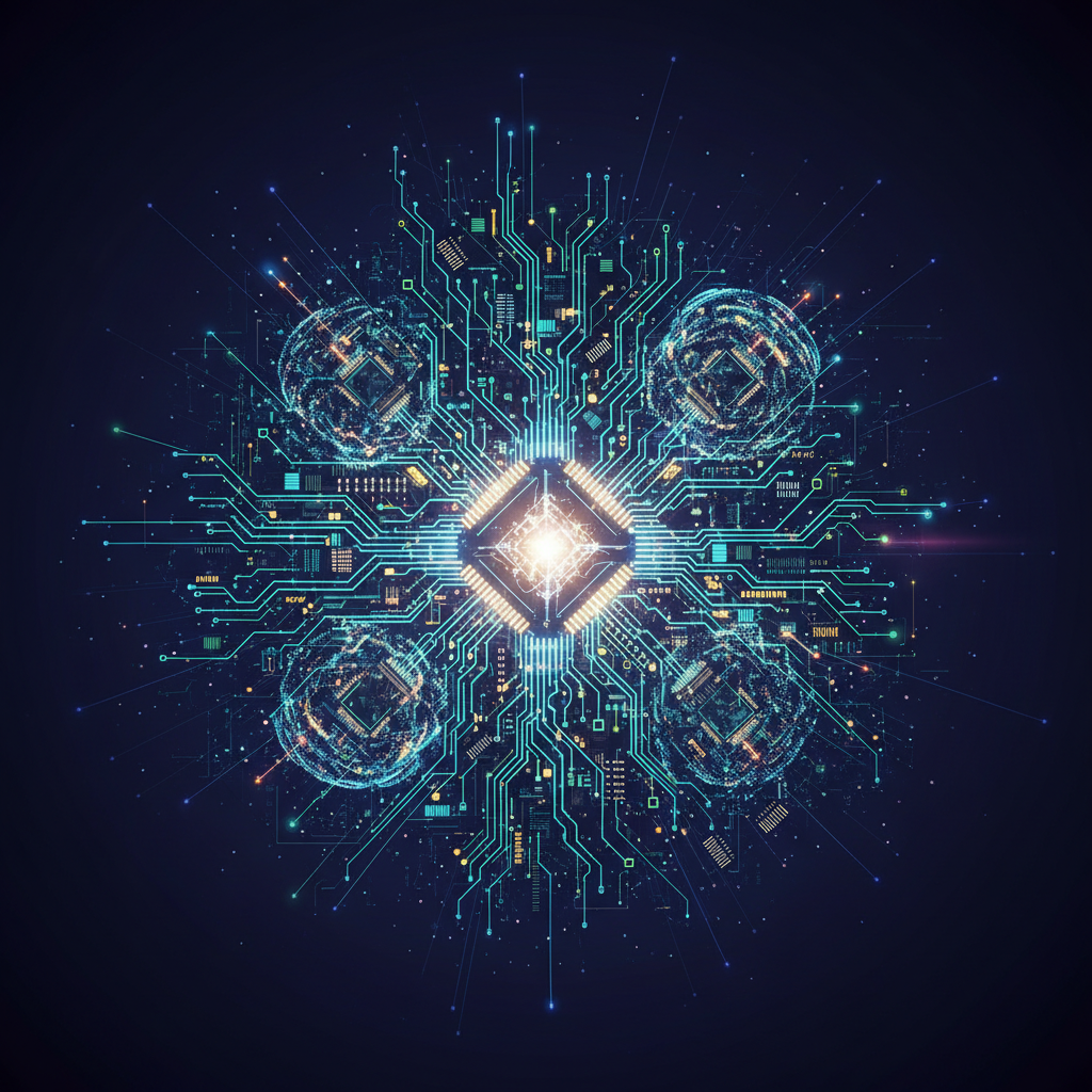 An intricate, glowing circuit board design with various interconnected components, symbolizing advanced AI technology and continuous innovation. The focus is on the complexity and power of the system. Style: clean infographic, modern layout, high contrast. Dark, gradient background with subtle light effects, full frame. No visible text.