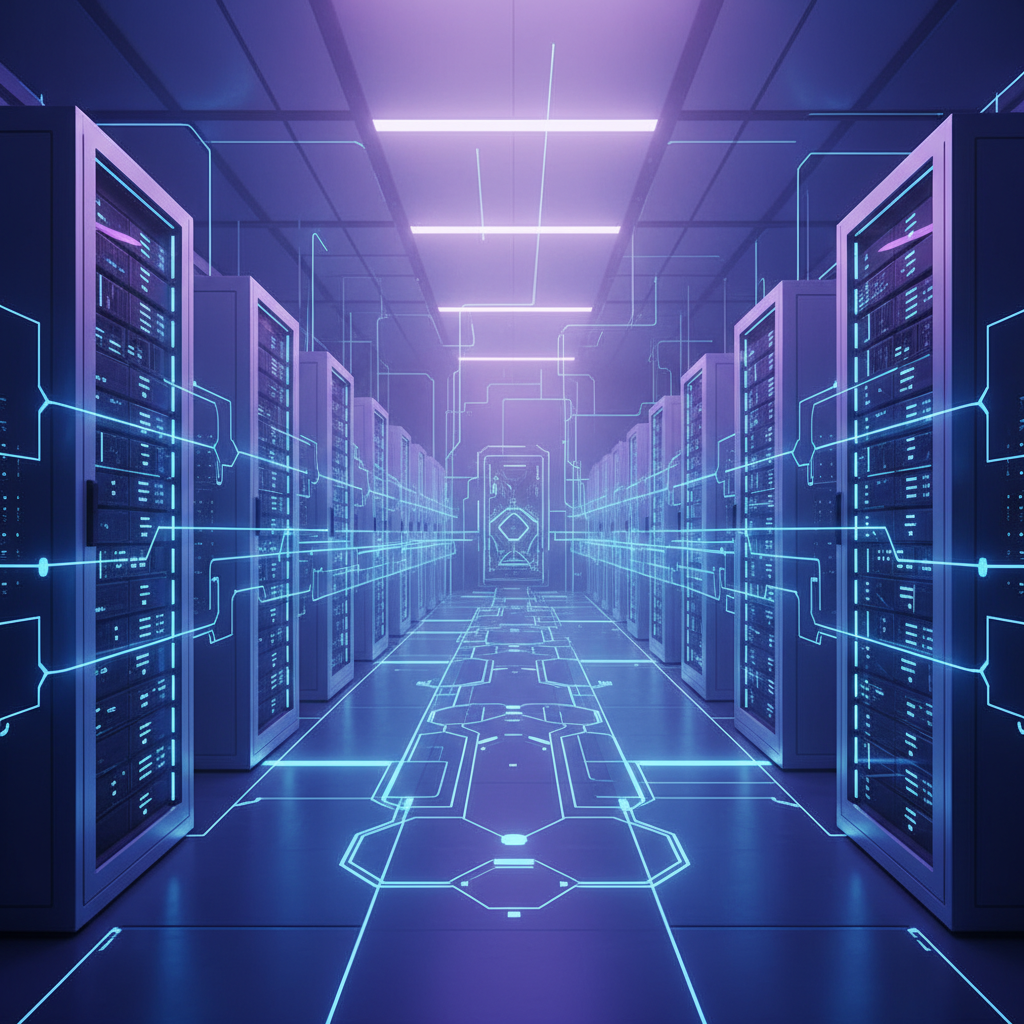 A sprawling, high-tech data center interior, filled with glowing servers and interconnected AI chips. The atmosphere is clean and powerful, reflecting advanced technology. Style: clean infographic, modern layout, high contrast. Gradient blue and purple background, full frame, no empty margins. No visible text.