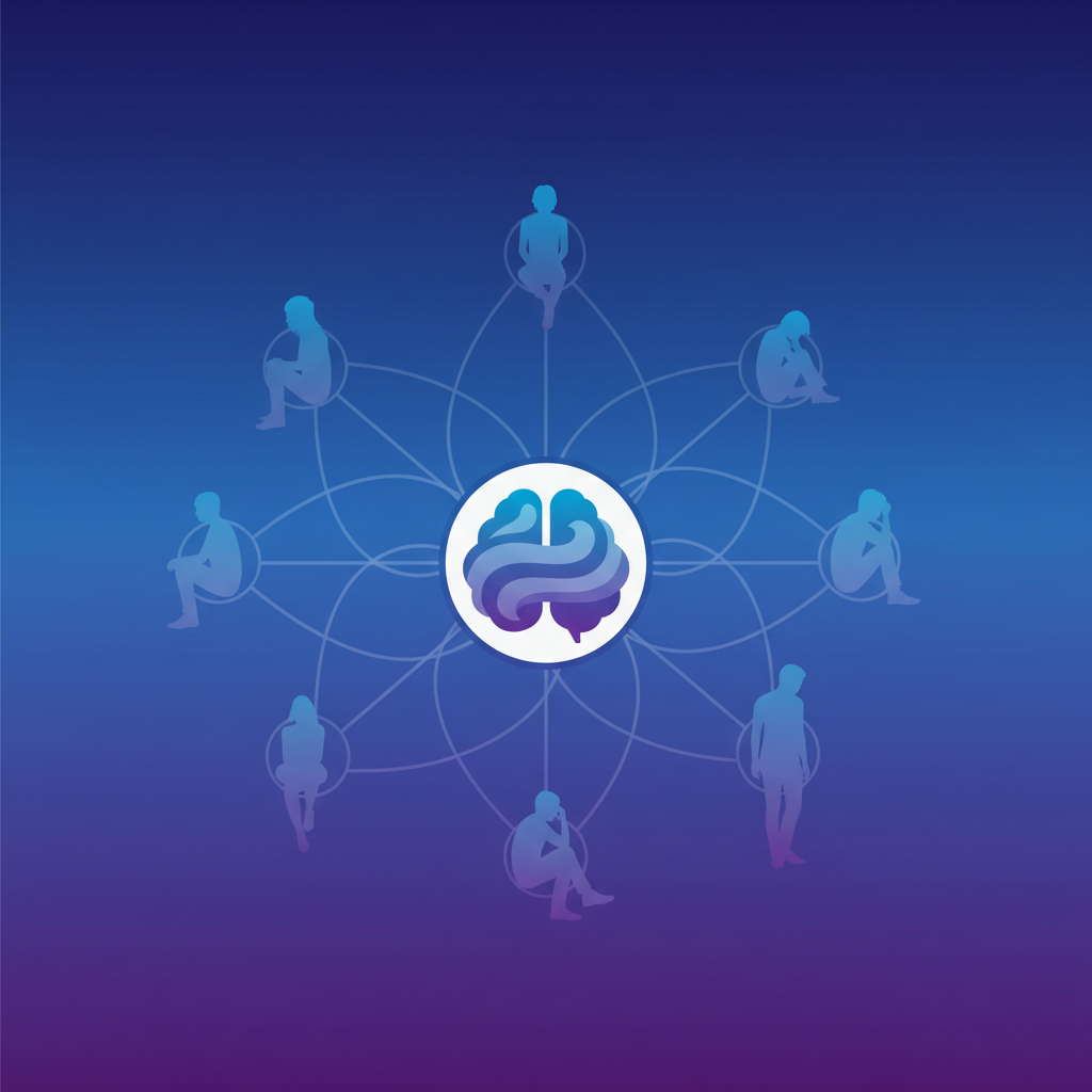 A clean infographic illustrating the complexities of mental health, with overlapping silhouettes of diverse people and a stylized brain icon at the center. Subtle, abstract connections link them. Modern, high contrast, gradient blue and purple background. No text.