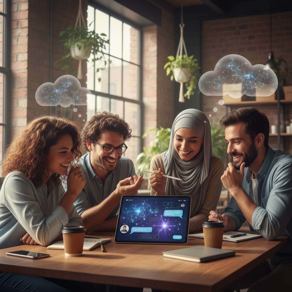 Lifestyle photography, warm lighting, natural setting. A diverse group of four young professionals actively collaborating around a tablet displaying a ChatGPT group chat interface, with subtle AI elements and thought bubbles. They are smiling and engaged. The background is a modern co-working space with natural light. No visible text in image.