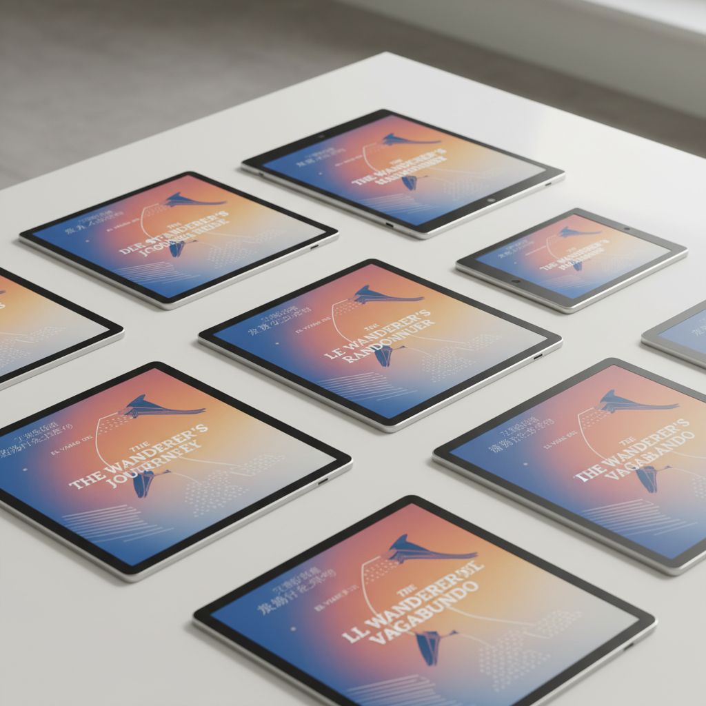 A collection of digital books displayed on various devices including tablets and e-readers, showing the same book cover in different languages, modern product photography with soft lighting and clean background, devices arranged artistically filling the frame, no text in image