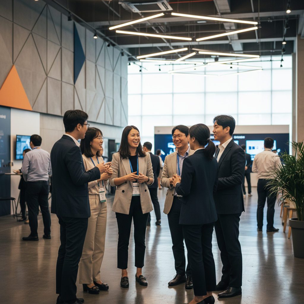 A dynamic scene of a diverse group of Korean founders and venture capitalists engaging in animated conversation at a tech conference. The setting is vibrant and modern, with subtle background lighting and a sense of bustling activity. Style: lifestyle photography, warm lighting. No visible text. Textured background, centered focus.