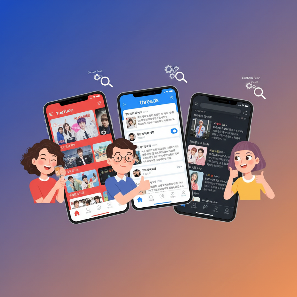 A dynamic infographic showing multiple smartphone screens, each displaying a different social media app (YouTube, Threads, X), all with a custom feed feature. Different Korean users are interacting with each screen, appearing engaged and satisfied. Clean, modern layout, high contrast, gradient background. No visible text.