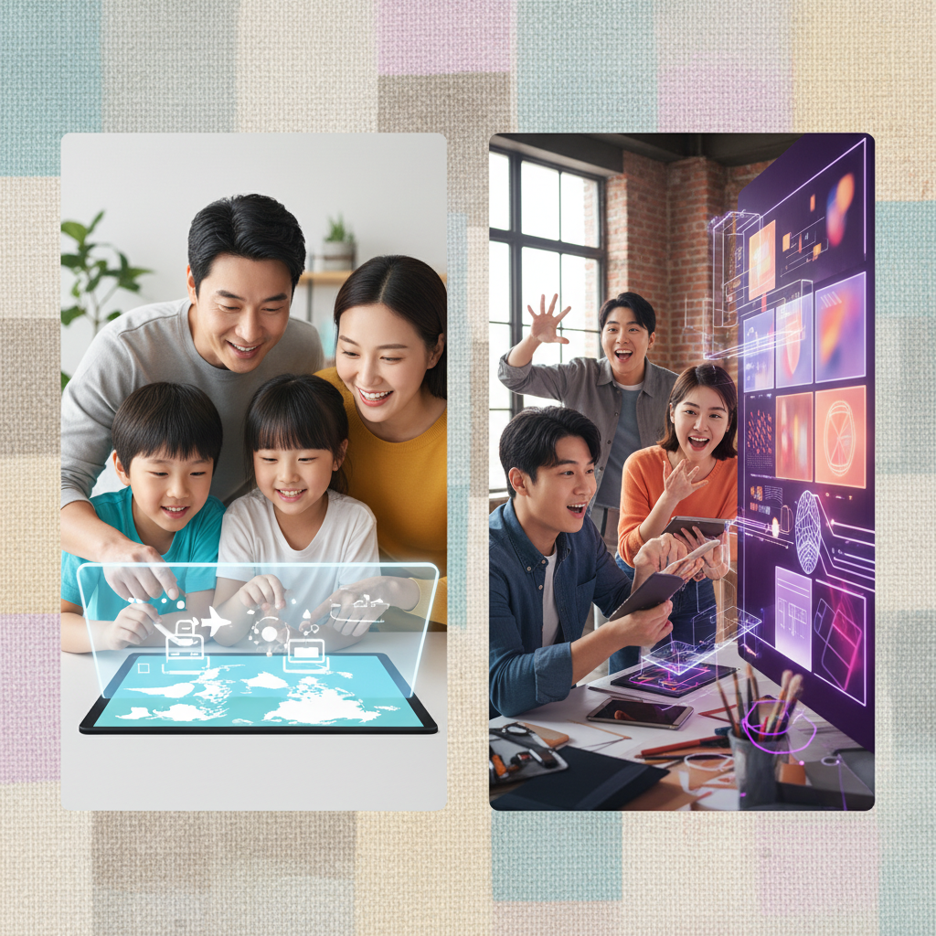 A split-screen infographic showing two use cases: on one side, a family collaboratively planning a trip using a smart device with a map and travel icons; on the other, a creative team brainstorming ideas around a mood board, with abstract image AI elements. Modern layout, bright colors, textured background. Korean appearance, natural expressions. No text.