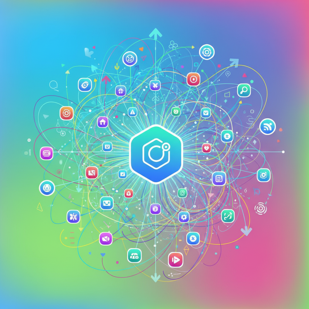 Dynamic illustration of a thriving app ecosystem with interconnected mini apps and a larger central app. Represent growth and innovation with stylized lines and energetic flow. The overall composition is clean and modern with a vibrant, colored background. No visible text, centered focus, no empty margins, bright and balanced lighting.