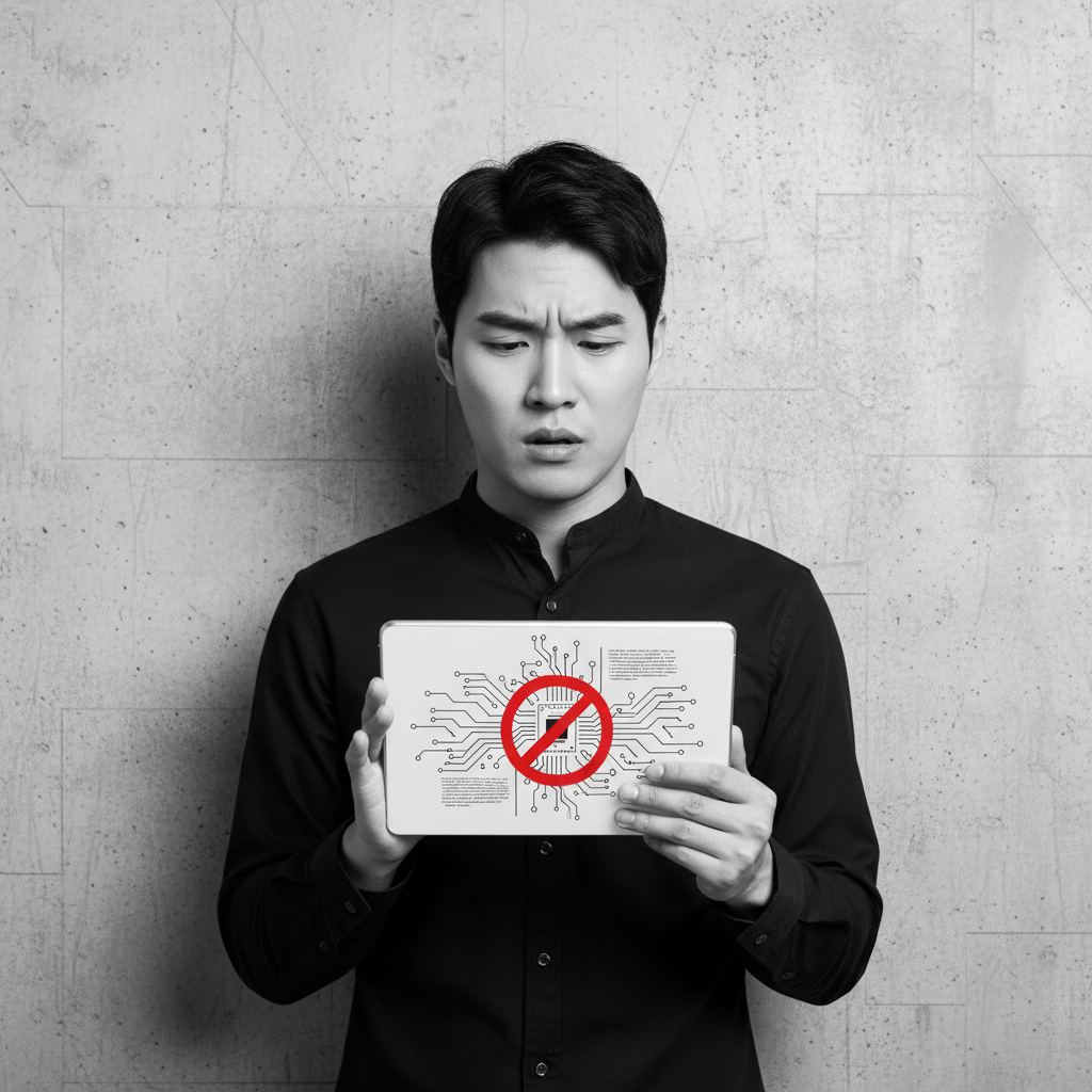clean infographic, modern layout, high contrast. A Korean person (male or female, natural expression) looking confused at a tablet screen displaying a "prohibited" sign over circuit diagrams or code. The background is a textured grey, filling the frame. No text.