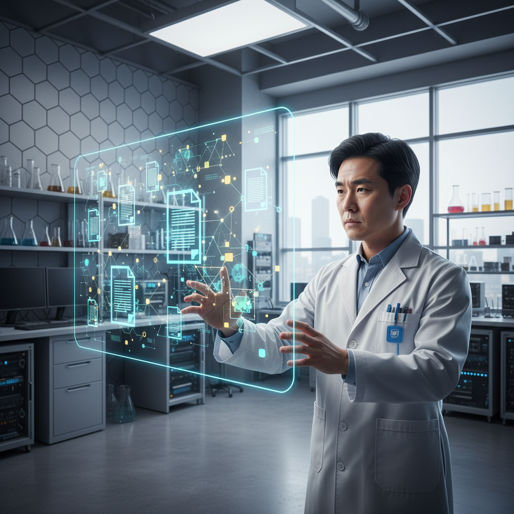 A modern research lab setting, a Korean scientist with a focused expression is interacting with a holographic display showing scientific papers and AI-generated connections. Clean infographic style, bright lighting, textured background, no visible text.
