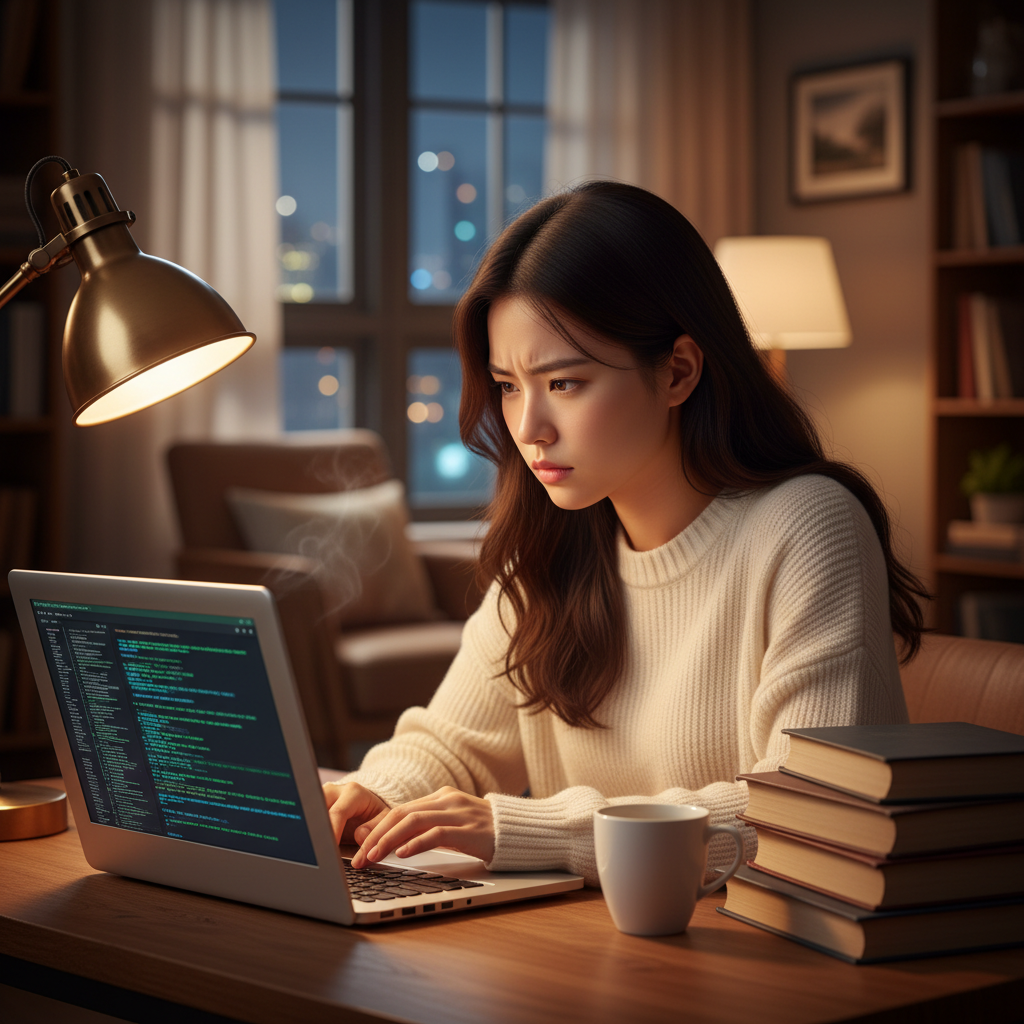 Young Korean researcher working intensively on laptop in a cozy office space with code on screen, warm desk lamp lighting, books and coffee cup nearby, focused expression, lifestyle photography with shallow depth of field, no text
