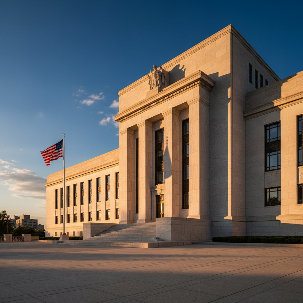 Federal Reserve building exterior with imposing neoclassical architecture, evening golden hour lighting casting long shadows, American flag visible, professional architectural photography with deep blue sky background, sense of authority and economic power, realistic detailed rendering, no text