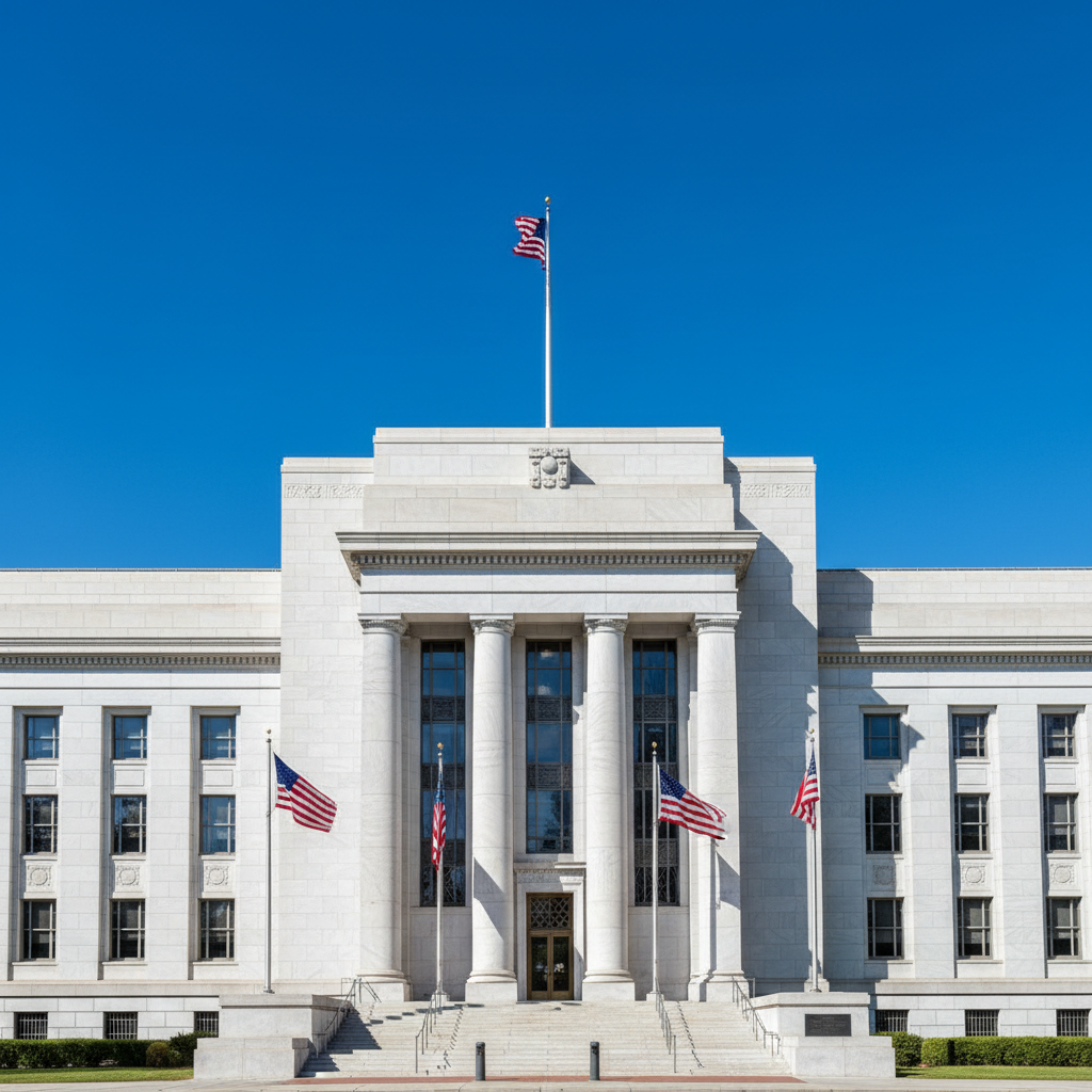 Professional financial concept showing Federal Reserve building facade with American flags, official government architecture, serious and authoritative atmosphere, daytime natural lighting, clear blue sky background, architectural photography style, no text in image