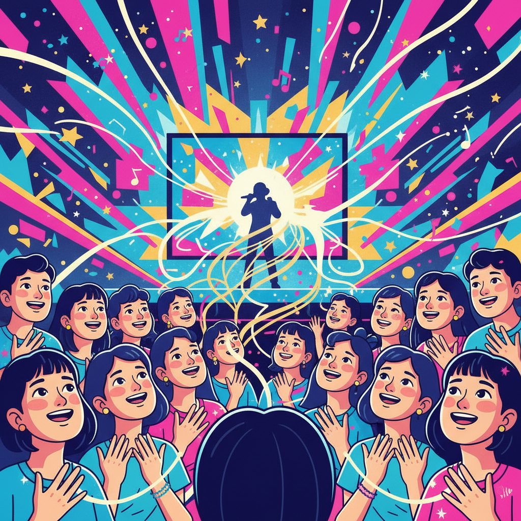 A vibrant and modern illustration showing a diverse group of young Korean fans looking up at a stage or screen, where a blurred celebrity figure is performing. The fans have expressions of admiration and connection, with subtle glow lines extending from them towards the celebrity, emphasizing the one-way nature. The background is a stylized, energetic concert setting. Bright, appealing colors, centered composition, no text.