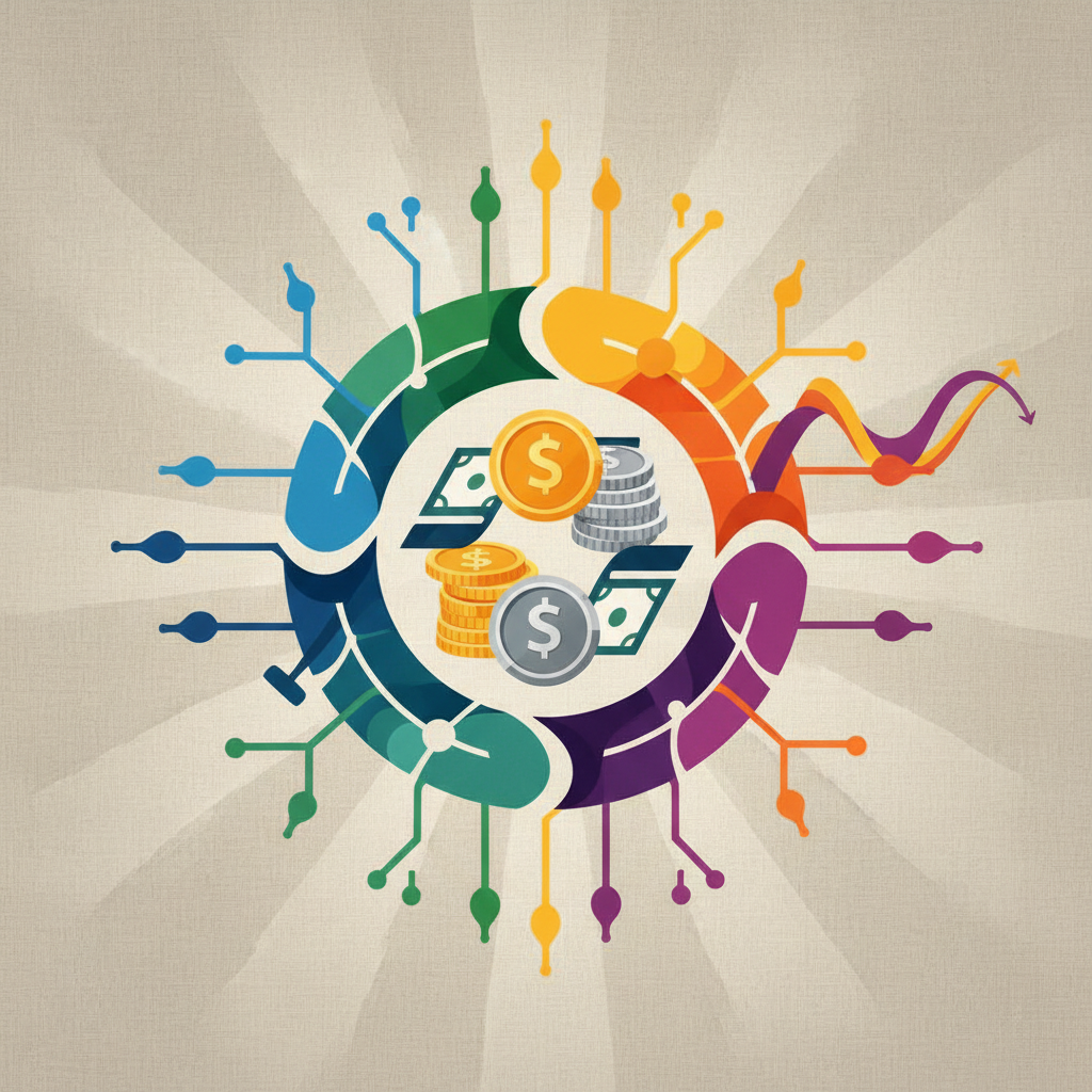 Abstract illustration depicting economic stability and growth. Visually represent concepts of currency, government finance, and market trends using clean lines and a vibrant yet balanced color palette. Avoid specific numbers or graphs, focus on the interconnectedness of elements. Textured background with bright, balanced lighting. No visible text in image. No Korean characters.