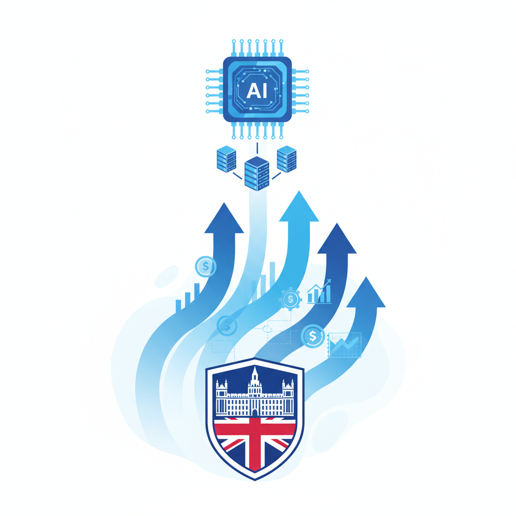 A dynamic infographic showing the UK government investing in AI technology, with upward trending arrows and a focus on AI chips. Modern, clean design with a blue and white color scheme. No text.