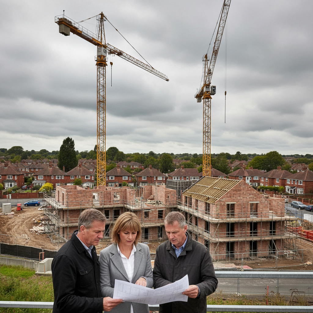 UK housing construction site with cranes and new buildings being built, concerned local residents holding planning documents in foreground, suburban British neighborhood setting, overcast sky, documentary photography style, realistic scene, textured background with residential houses, no text in image