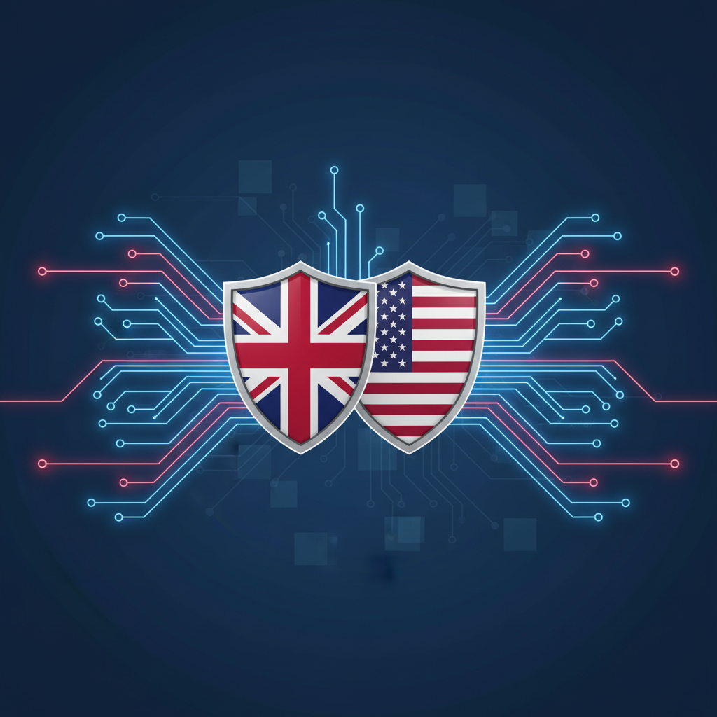 An infographic illustrating strategic collaboration between the UK and the US in advanced technology. Two distinct but interconnected shields, one with the UK flag and one with the US flag, are shown interlinking with glowing lines representing data and innovation flowing between them. Microchip designs are subtly integrated into the background. The overall style is clean and professional with a blue-and-red color scheme, no text, modern layout, high contrast.
