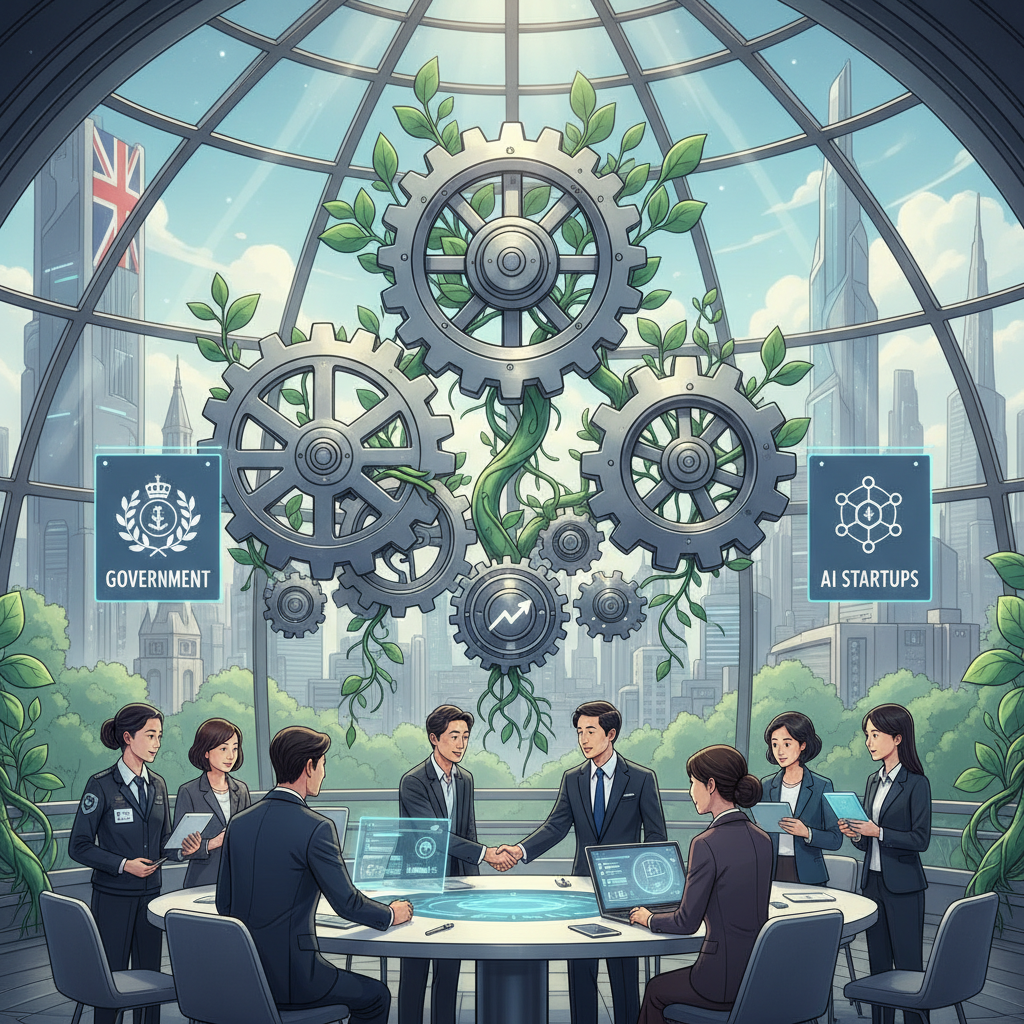 An illustrative scene depicting collaboration between government, venture capitalists, and AI startups in the UK, symbolized by interlocking gears or growing plants. Professional, modern, and diverse Korean appearance people. No text.